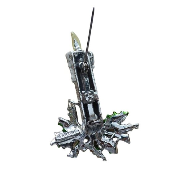 Gerry’s Silver Tone Christmas Candle Brooch Enamel Holly Berry Holiday Pin - Picture 5 of 6